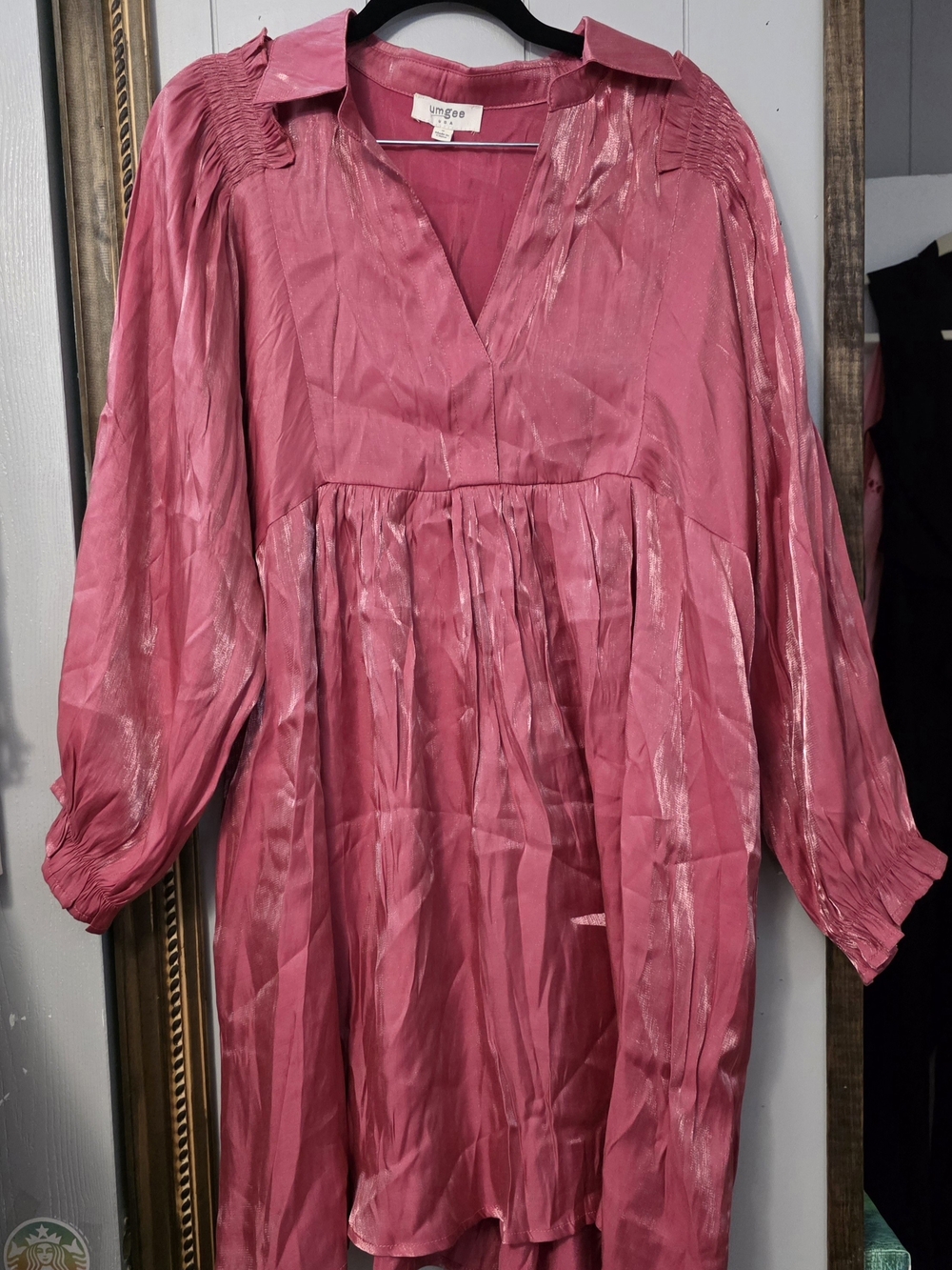 Umgee Rose Pink V-Neck Long Sleeve Shimmer Tunic Dress